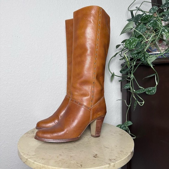 Vintage 1970s 60s western Frye style genuine leather knee high thick heel boots - Picture 1 of 8